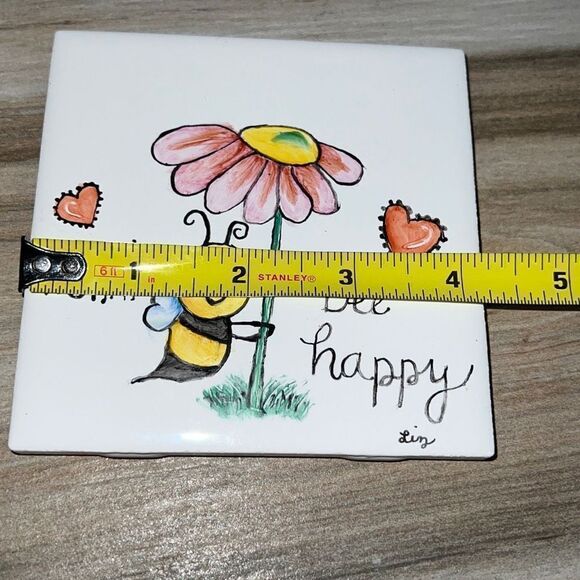 Hand Painted Tile Trivet With Cork Back Don’t Worry Bee Happy - Picture 4 of 6